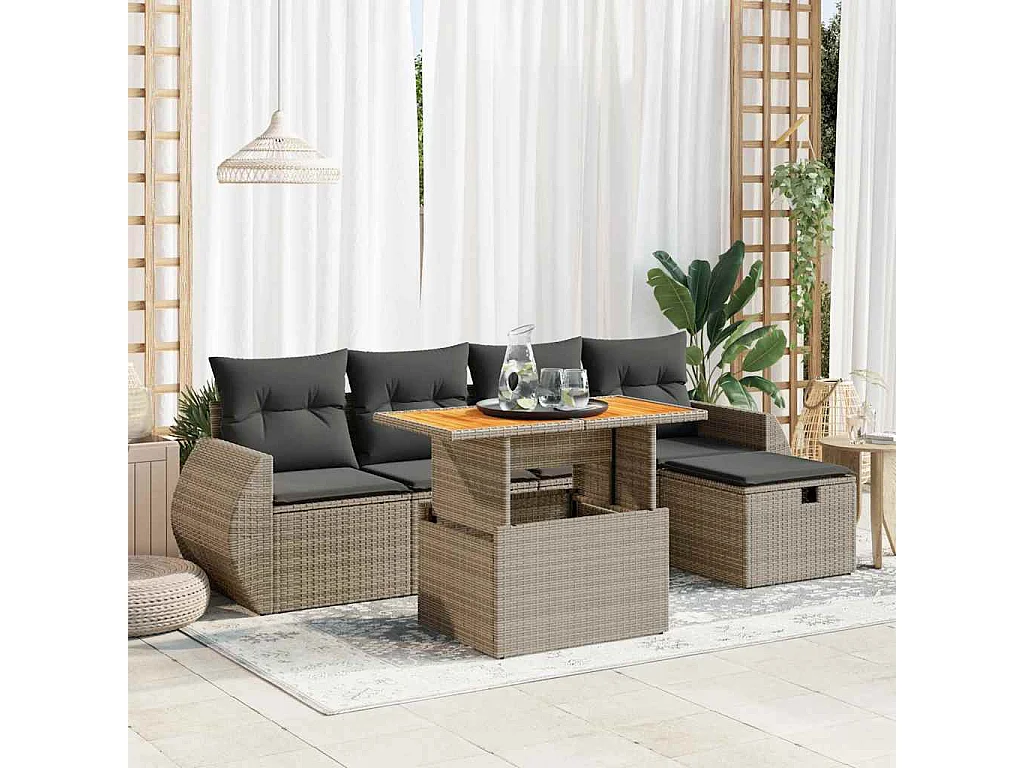 6-delige Loungeset met kussens poly rattan acacia grijs
