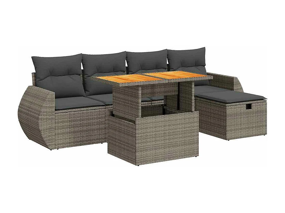 6-delige Loungeset met kussens poly rattan acacia grijs