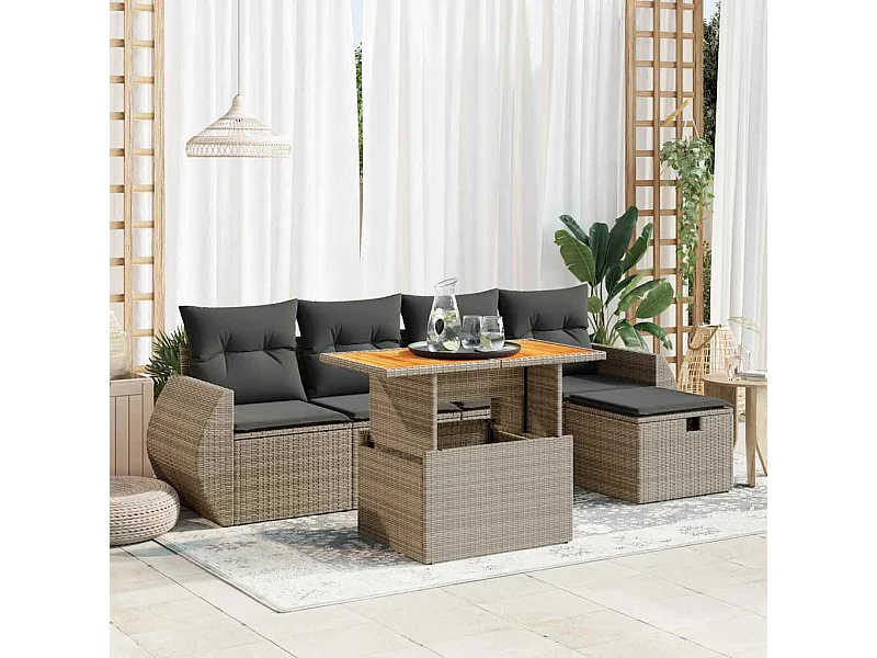 6-delige Loungeset met kussens poly rattan acacia grijs