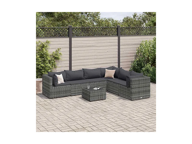 7 peças conjunto lounge de jardim com almofadões vime PE cinzento