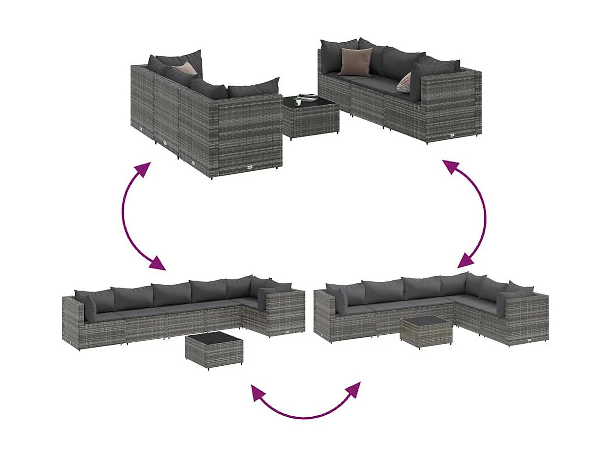 7-delige Loungeset met kussens poly rattan grijs