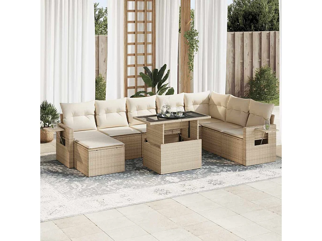 Salon de jardin avec coussins 9 pièces beige résine tressée
