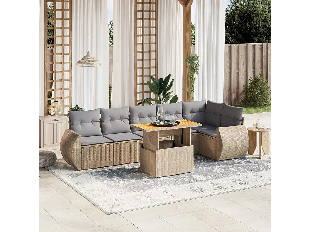 Salon de jardin avec coussins 7 pièces beige résine tressée