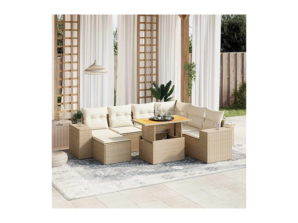 Salon de jardin avec coussins 8 pièces beige résine tressée