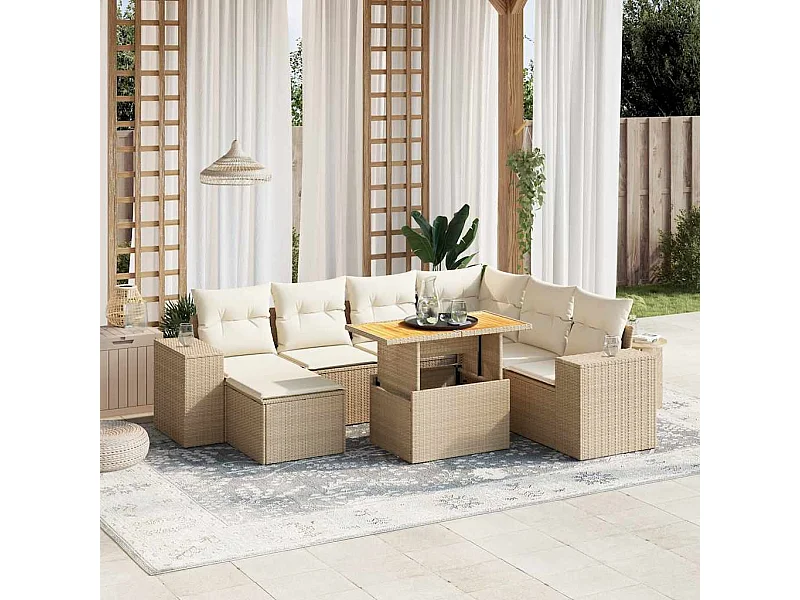 Salon de jardin avec coussins 8 pièces beige résine tressée