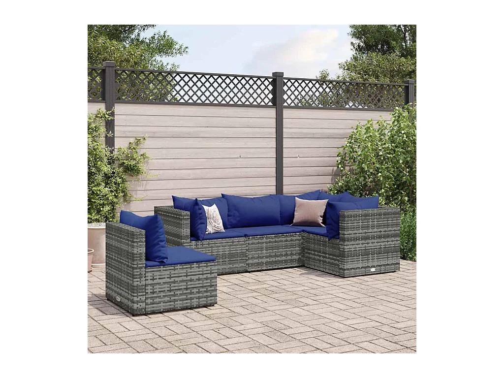 Set de muebles de jardín 5 piezas y cojines ratán sintético gris