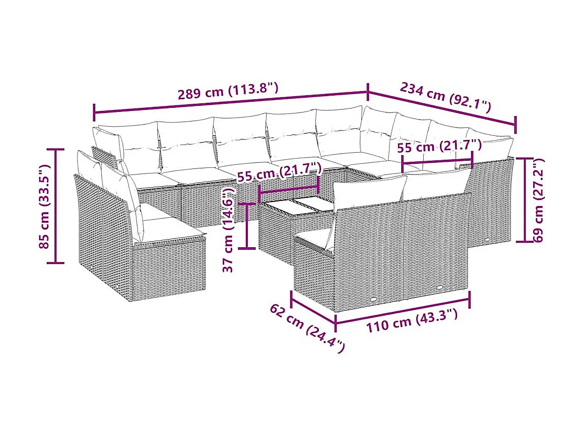 13 peças conj. sofás jardim com almofadões vime PE cinzento-claro