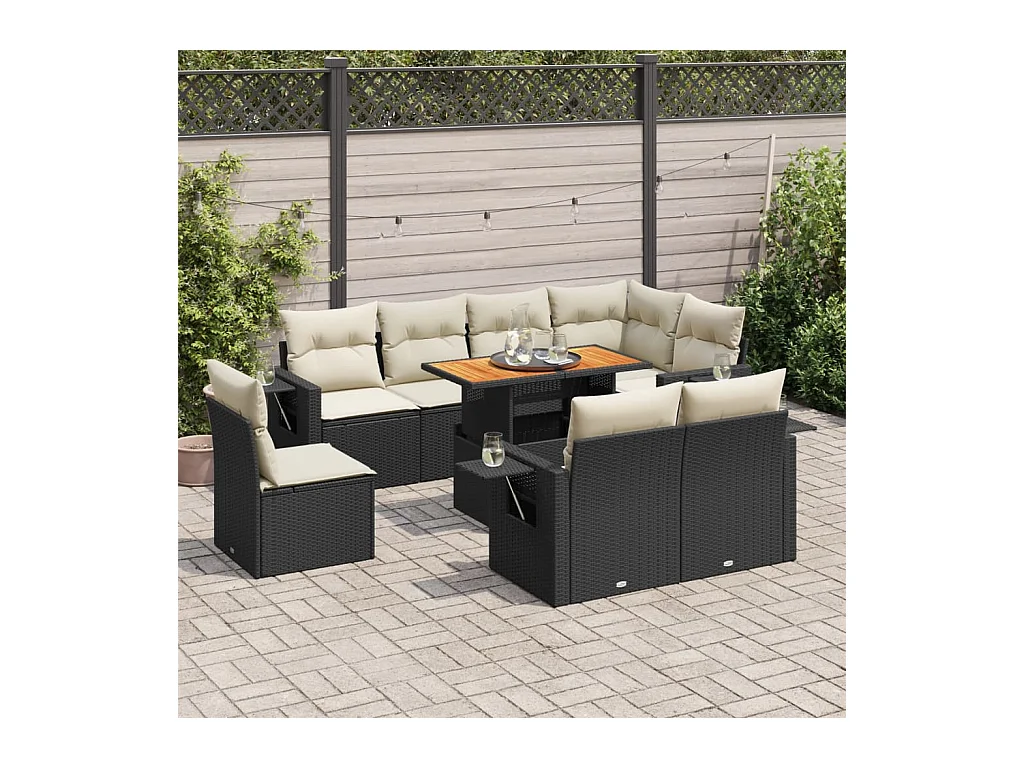Salon de jardin 9 pièces avec coussins noir résine tressée