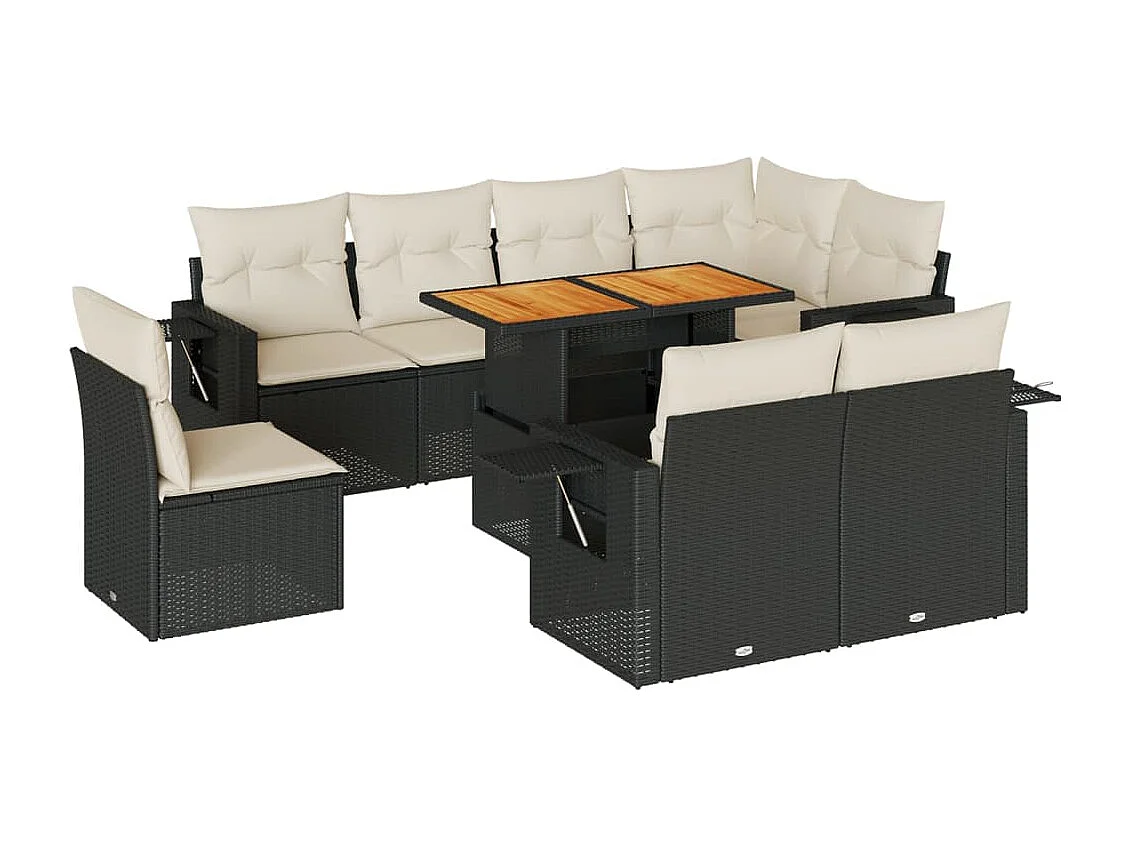 Set de sofás de jardín con cojines 9 piezas ratán sintético negro