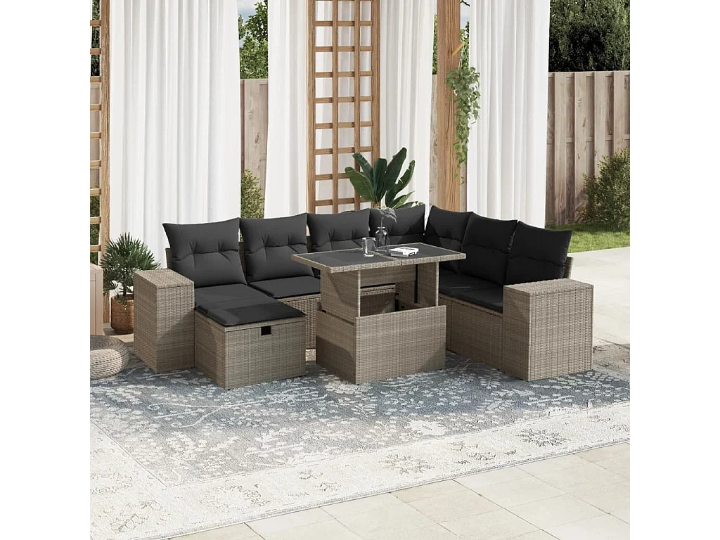 Salon de jardin 8 pièces avec coussins gris clair résine tressée