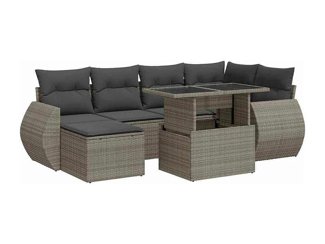 7-delige Loungeset met kussens poly rattan grijs