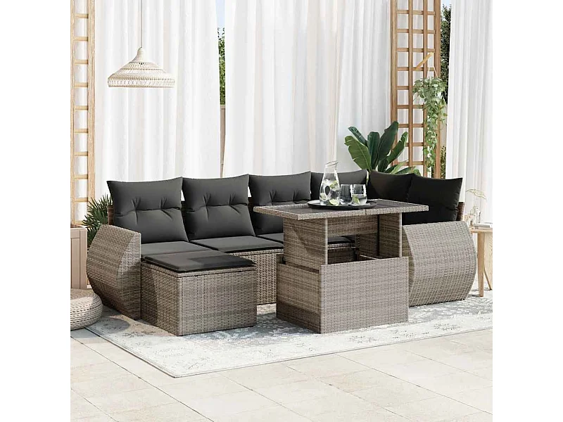 7-delige Loungeset met kussens poly rattan grijs