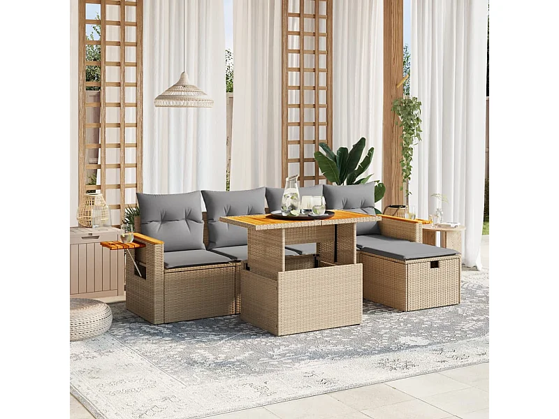 6 peças conjunto de sofás para jardim com almofadões vime PE bege