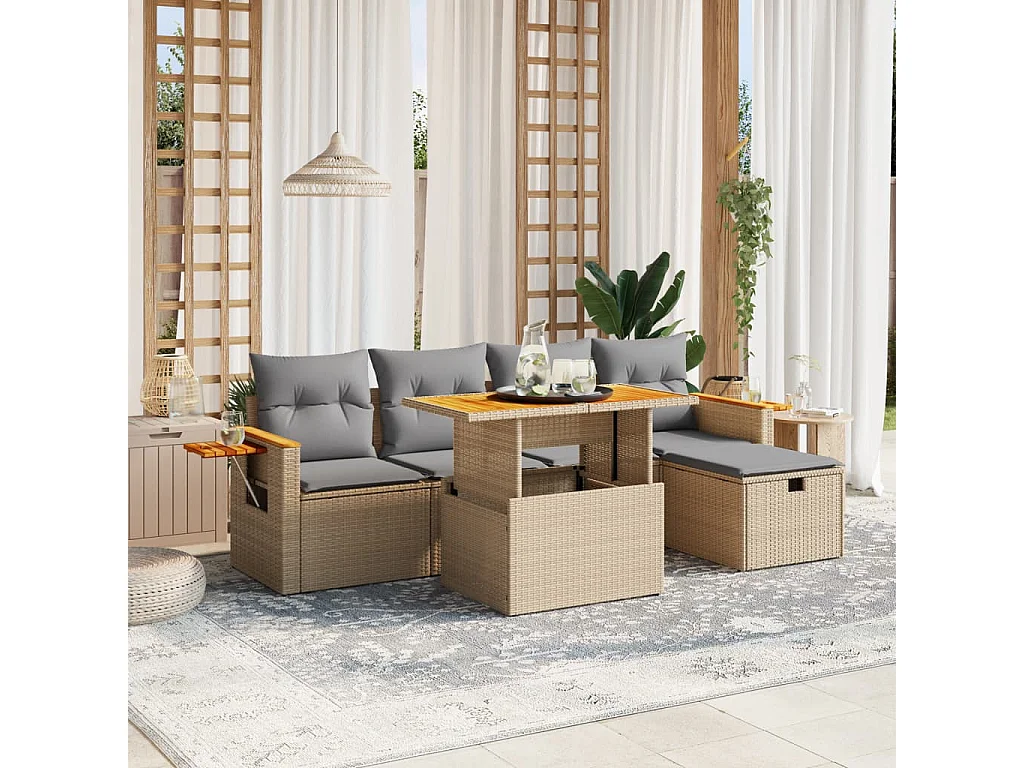 Salon de jardin avec coussins 6 pièces beige résine tressée