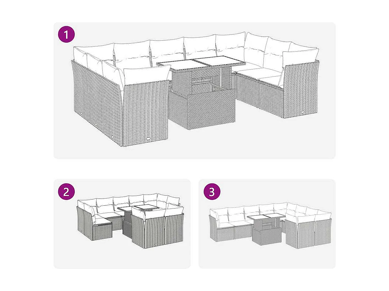 10 peças conjunto sofás de jardim com almofadões vime PE preto