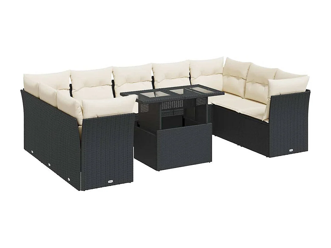 10-delige Loungeset met kussens poly rattan zwart