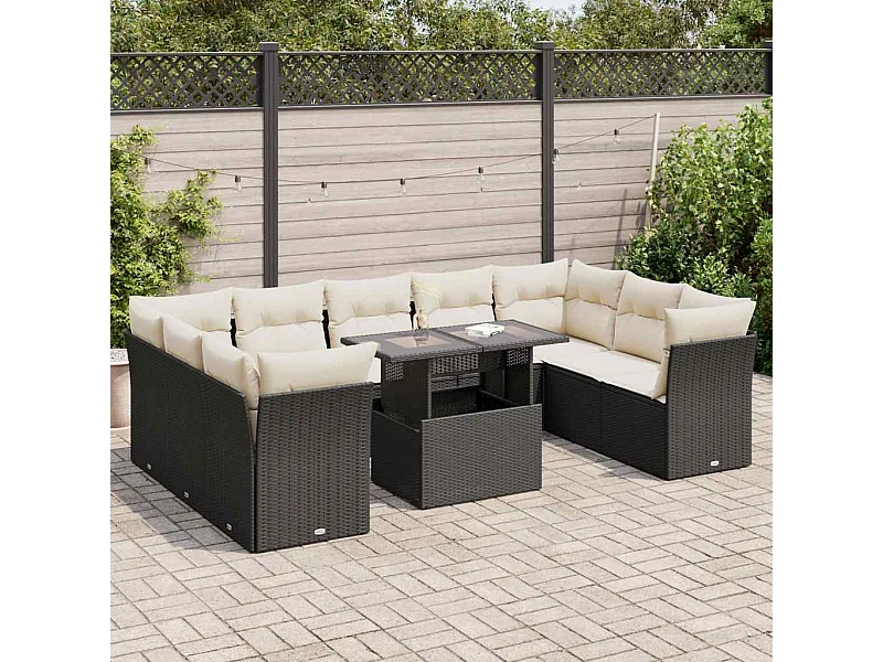 10-delige Loungeset met kussens poly rattan zwart