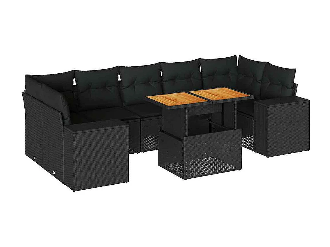 Salon de jardin 8 pièces avec coussins noir résine tressée