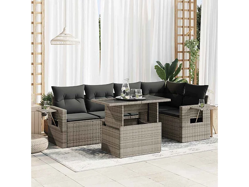 6-delige Loungeset met kussens poly rattan grijs