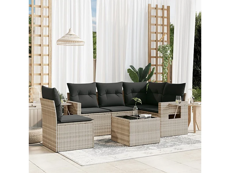 Set de sofás de jardín 6 piezas y cojines ratán sintético gris