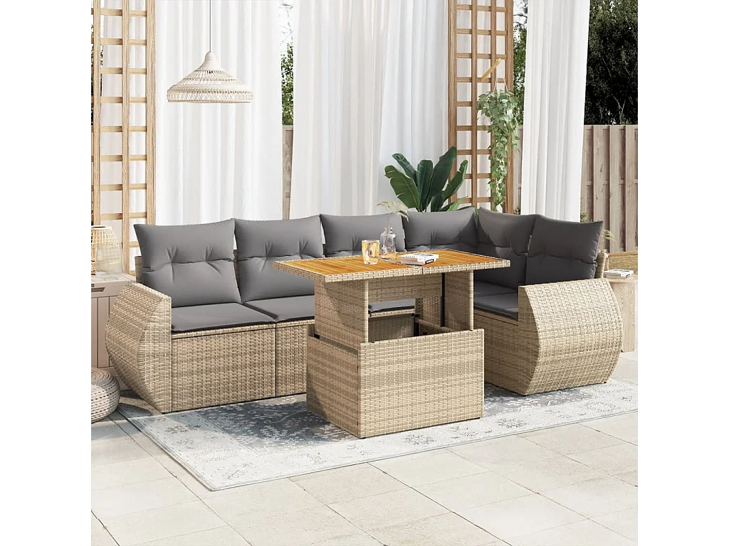Salon de jardin avec coussins 6 pièces beige résine tressée