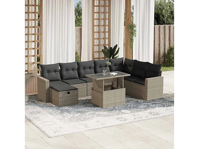 Set muebles jardín 9 piezas y cojines ratán sintético gris claro
