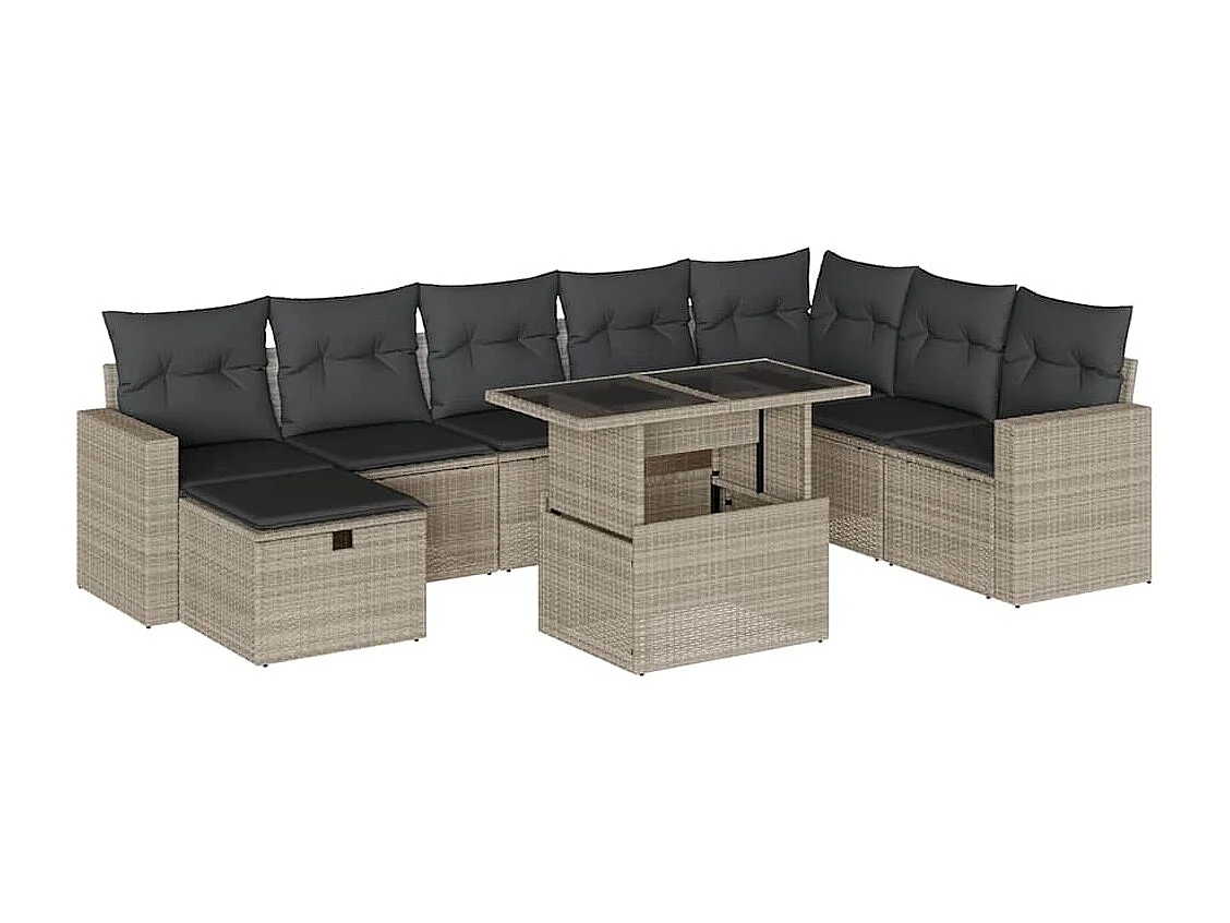 Set muebles jardín 9 piezas y cojines ratán sintético gris claro