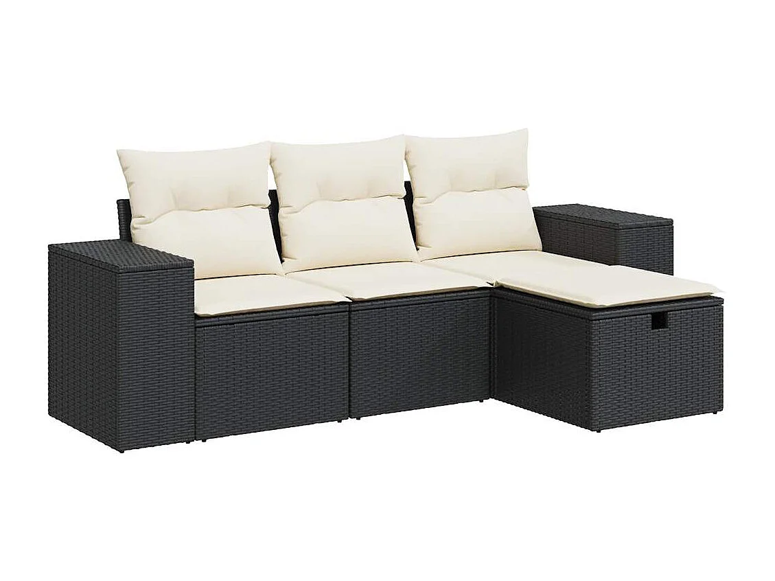 4-delige Loungeset met kussens poly rattan zwart