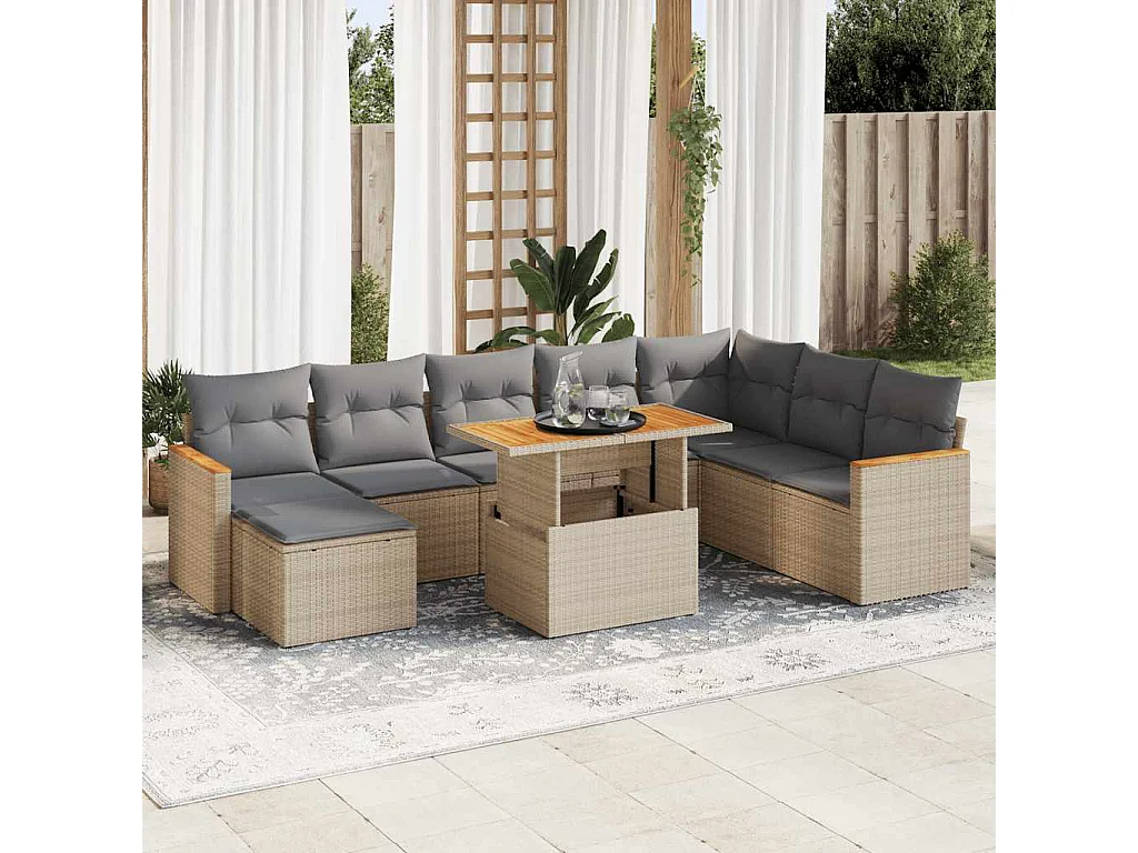 Set sofás jardín y cojines 9 piezas ratán sintético acacia beige