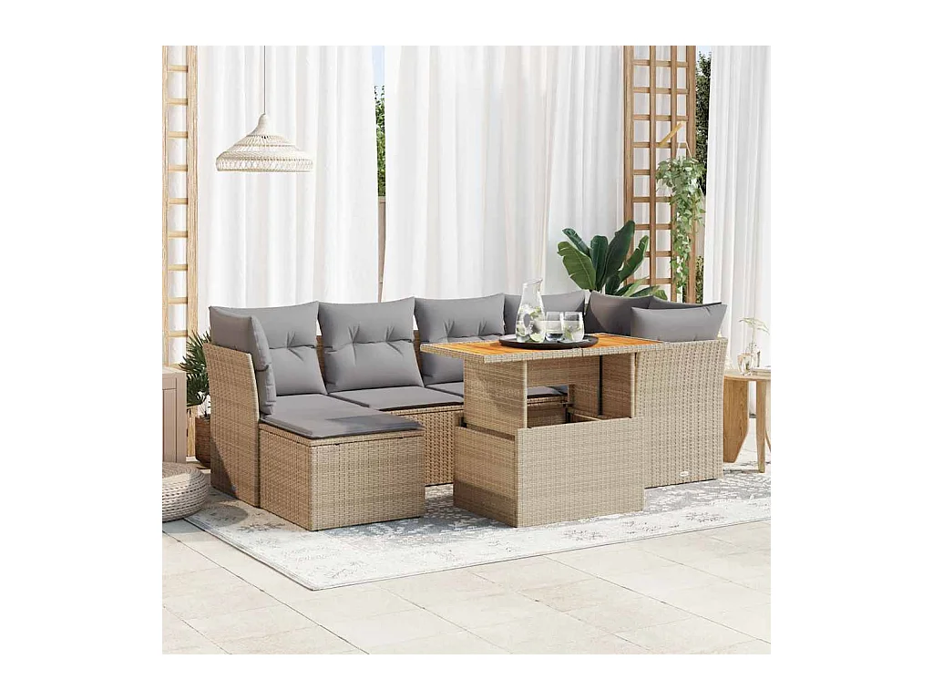 Salon de jardin avec coussins 7 pièces beige résine tressée