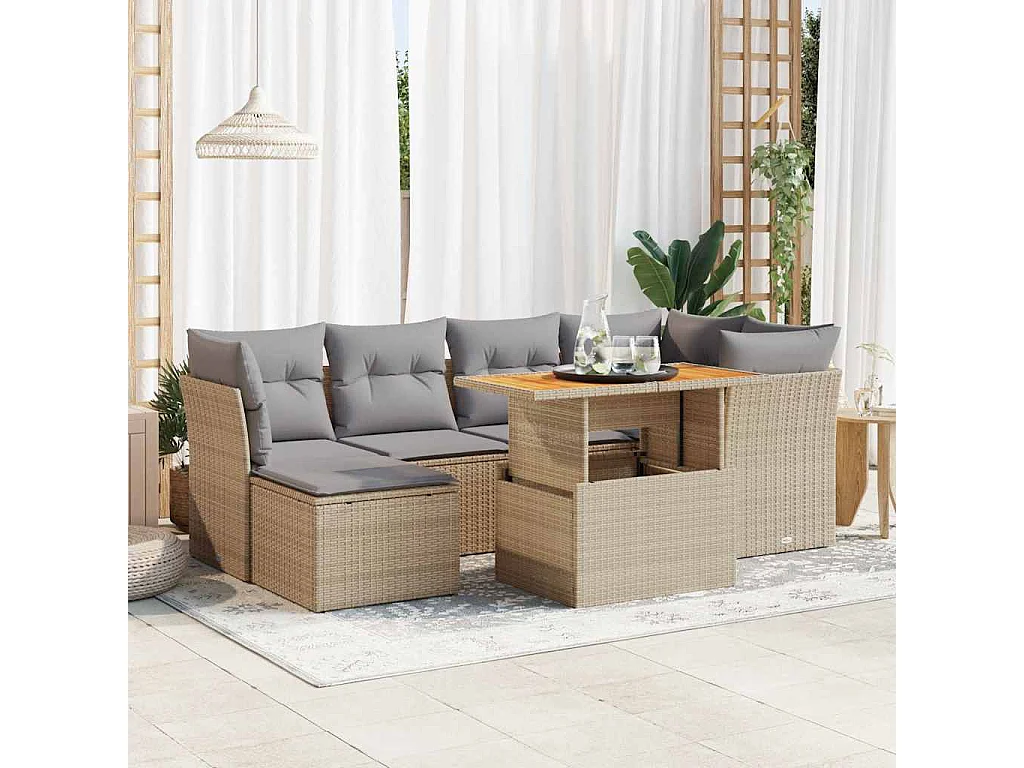 Salon de jardin avec coussins 7 pièces beige résine tressée