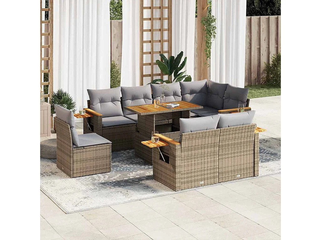 Salon de jardin avec coussins 9 pièces beige résine tressée acacia