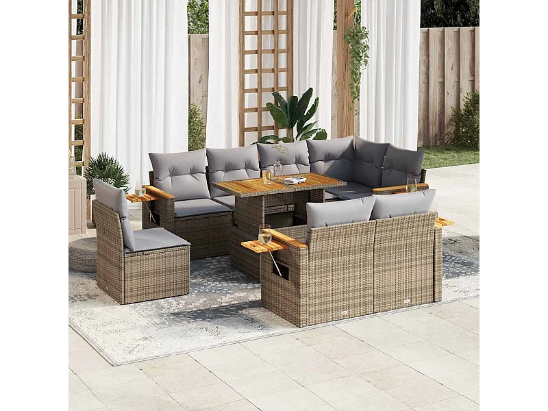 Salon de jardin avec coussins 9 pièces beige résine tressée acacia