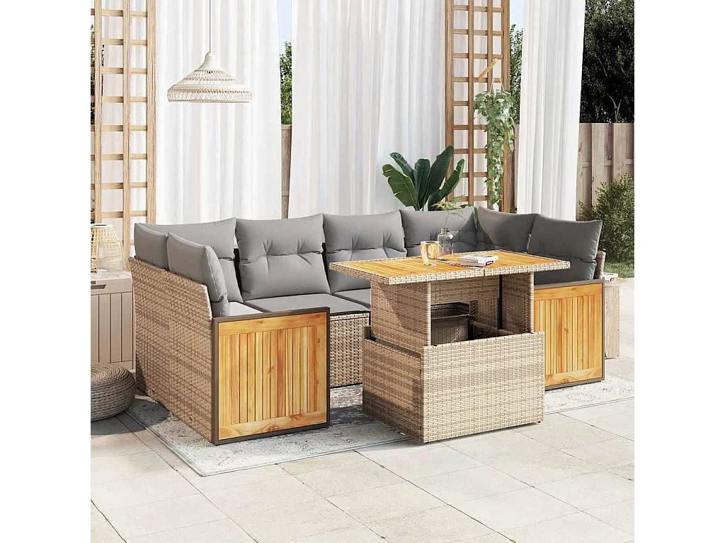 7-delige Loungeset met kussens poly rattan acacia beige