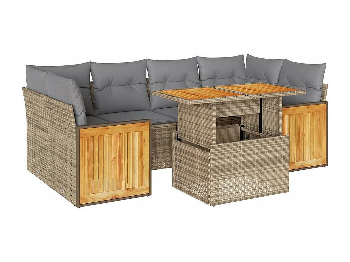 7-delige Loungeset met kussens poly rattan acacia beige