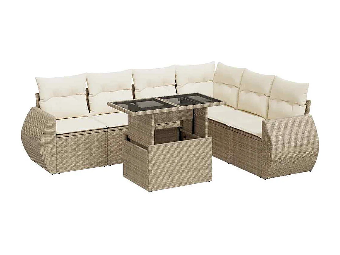7-delige Loungeset met kussens poly rattan beige