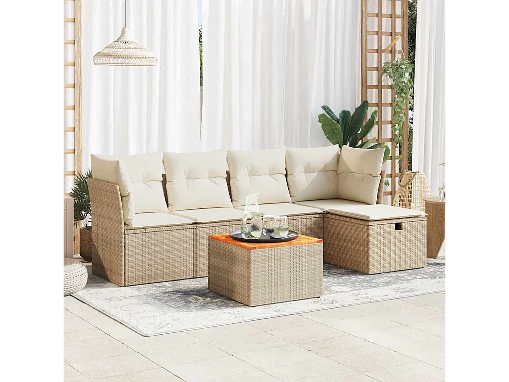 Salon de jardin avec coussins 6 pièces beige résine tressée