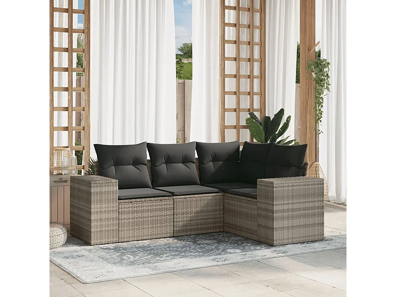 Salon de jardin 4 pièces avec coussins gris clair résine tressée