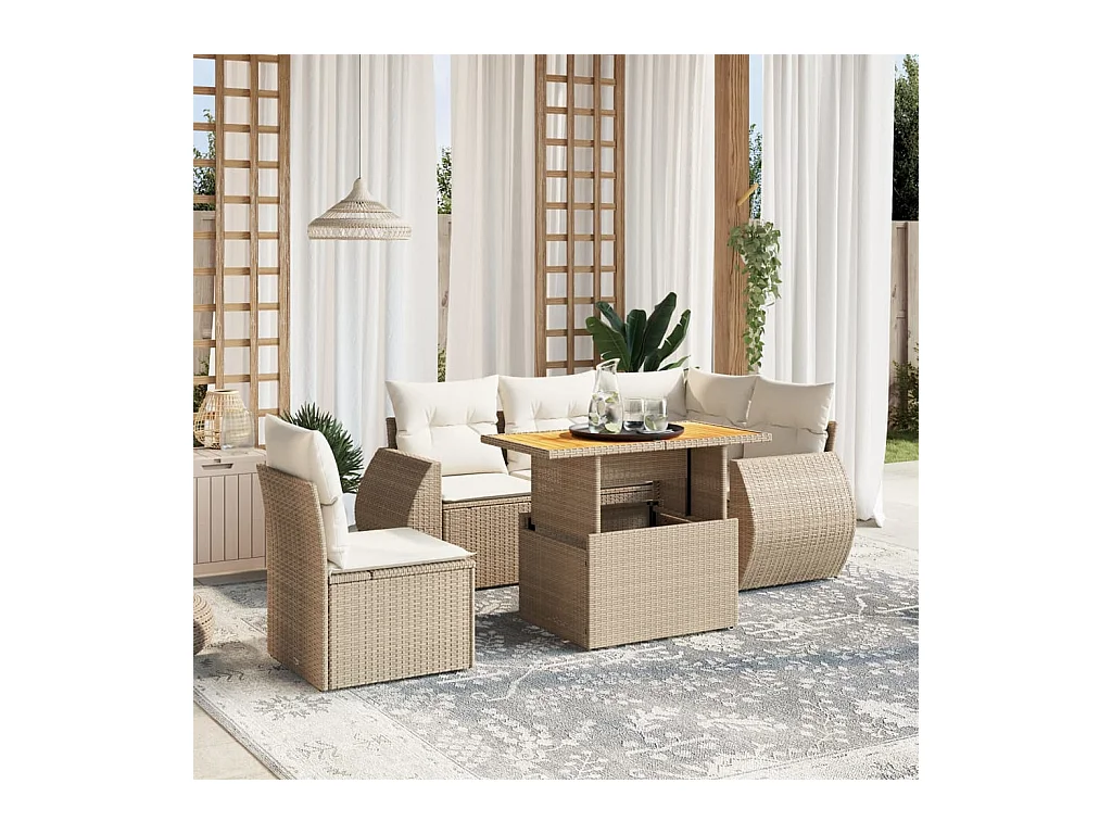 6-delige Loungeset met kussens poly rattan beige
