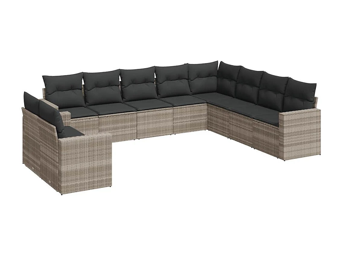 10 peças conj. sofás jardim com almofadões vime PE cinzento-claro