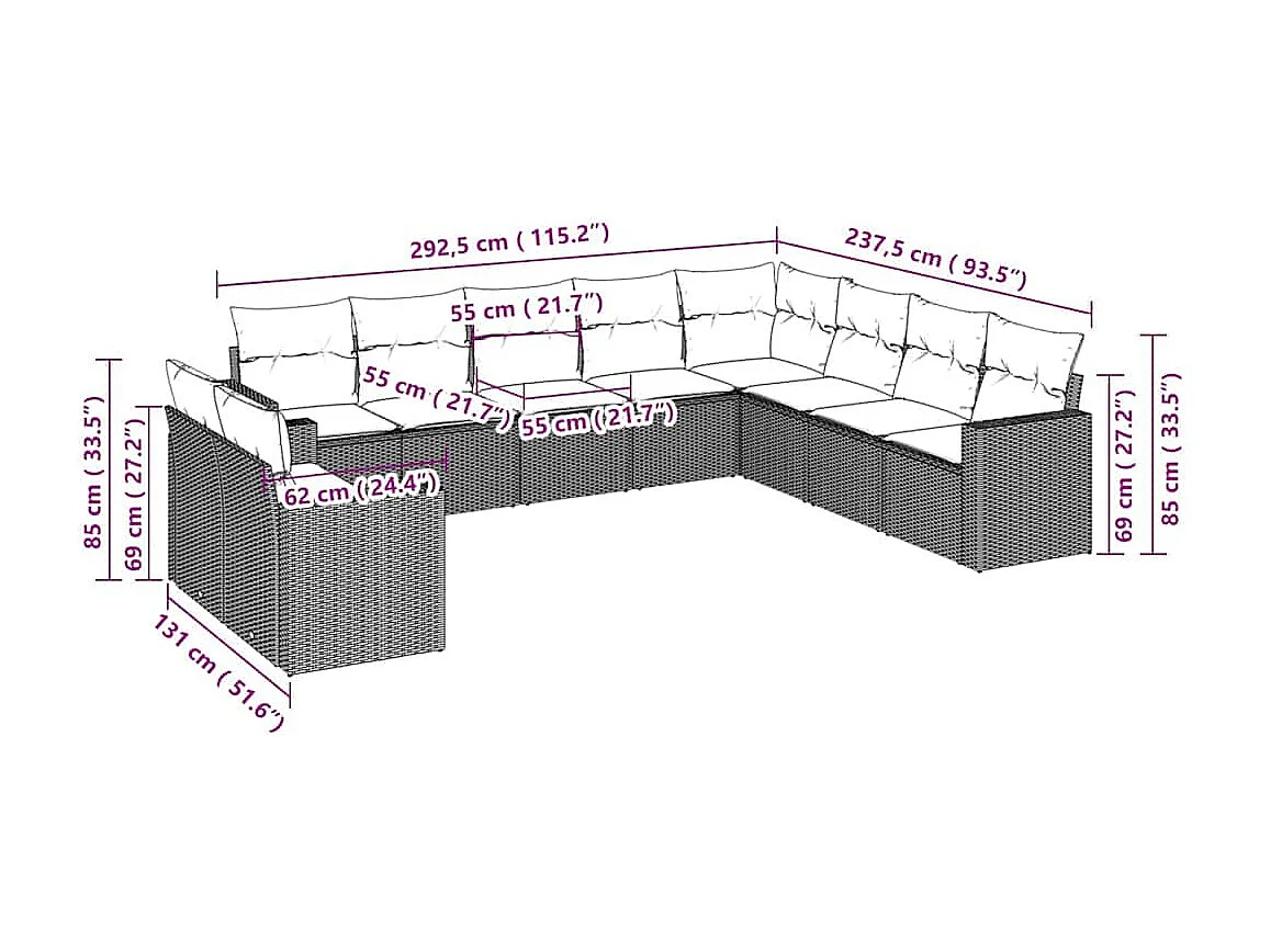Salon de jardin avec coussins 10 pièces gris clair résine tressée