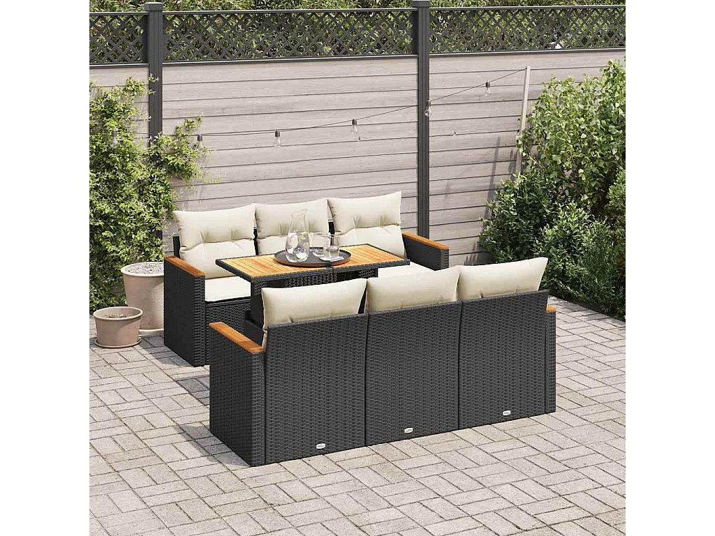 7-delige Loungeset met kussens poly rattan acacia zwart