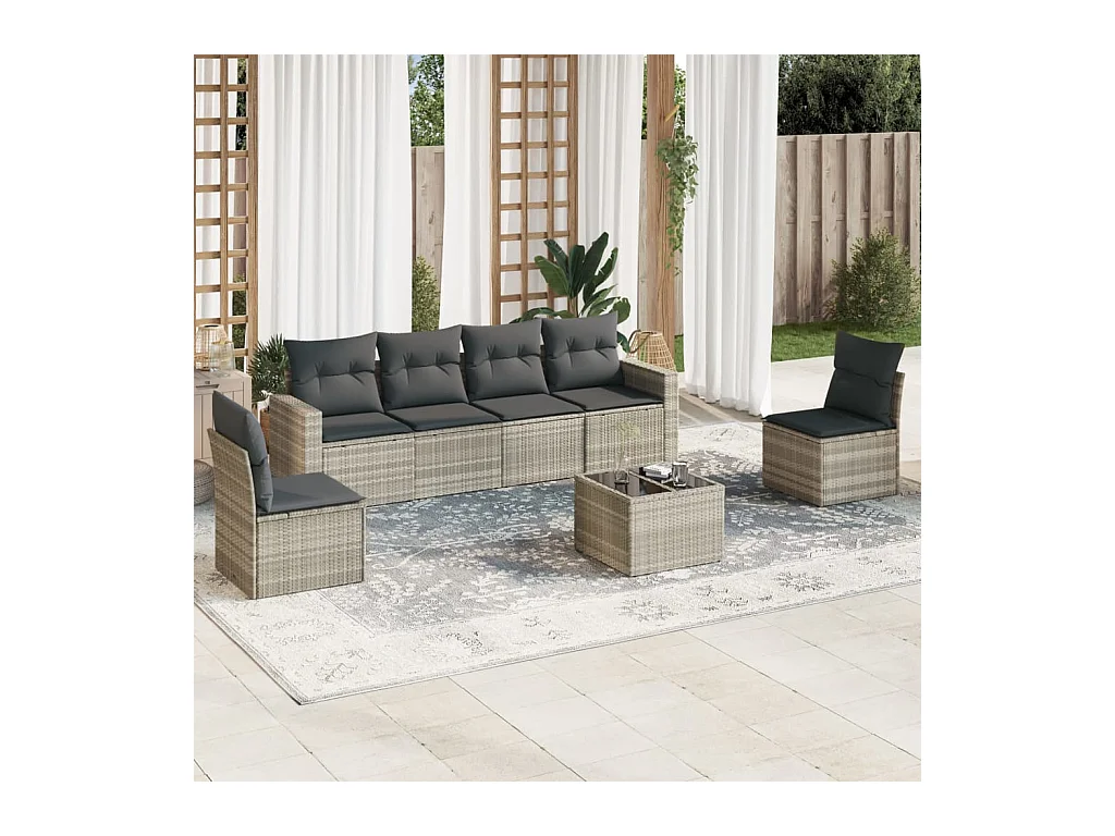 Salon de jardin avec coussins 7 pièces gris clair résine tressée