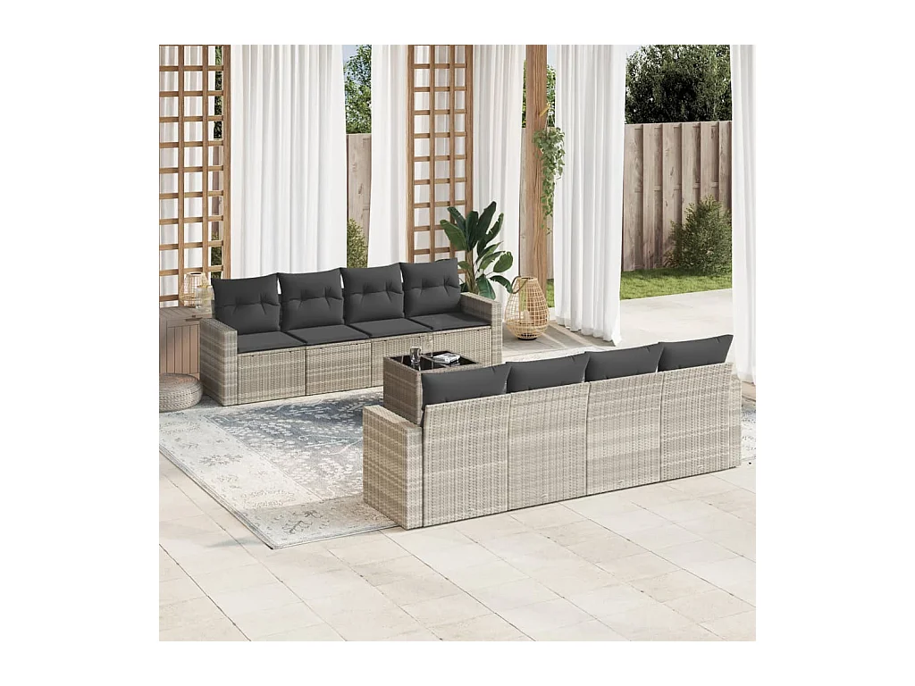 Set muebles jardín 9 piezas y cojines ratán sintético gris claro