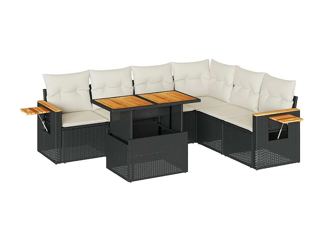 Salon de jardin 6 pièces avec coussins noir résine tressée acacia