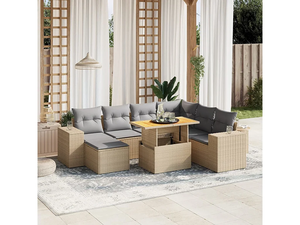 8 peças conjunto de sofás para jardim com almofadões vime PE bege