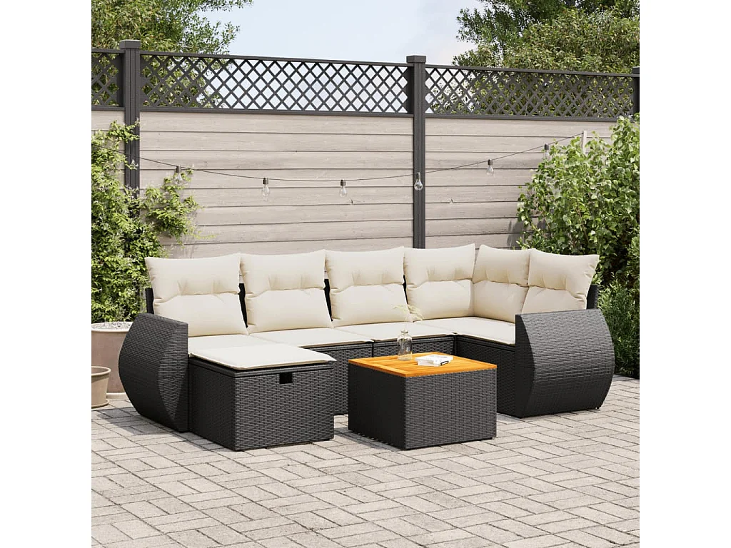 7-delige Loungeset met kussens poly rattan zwart