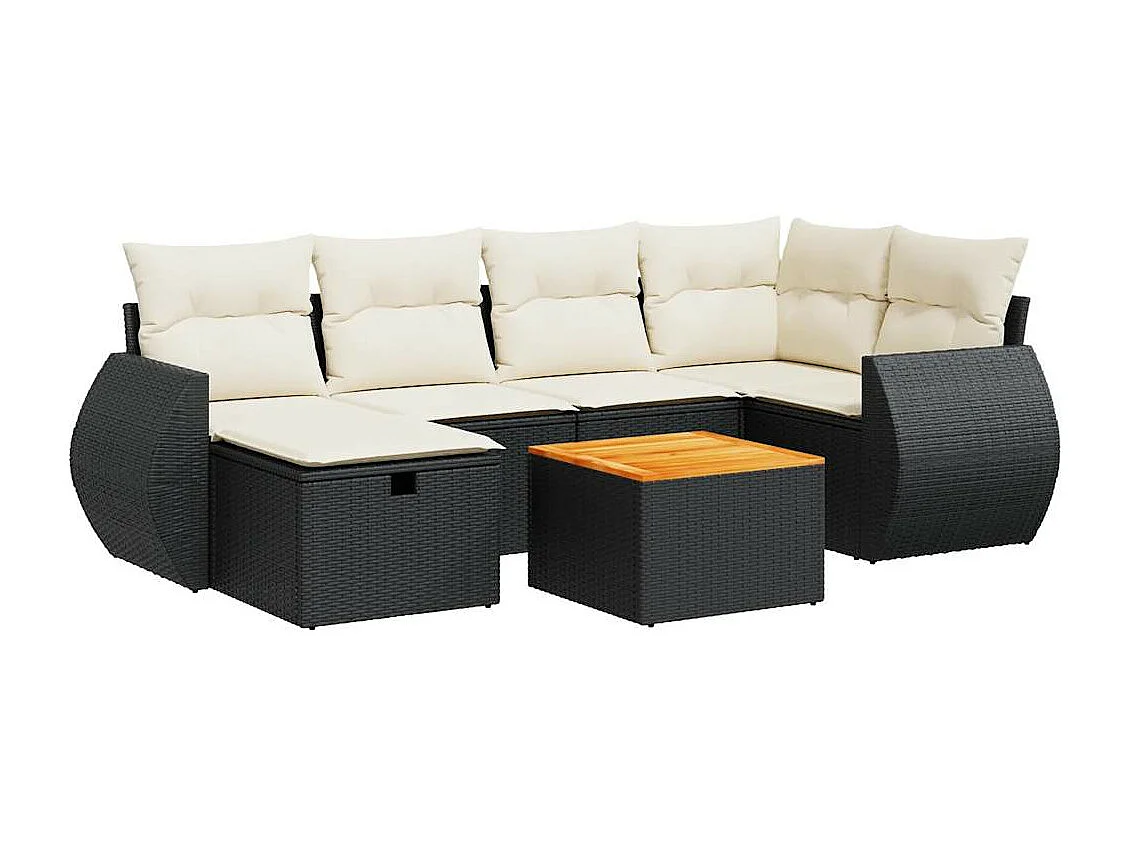 7-delige Loungeset met kussens poly rattan zwart