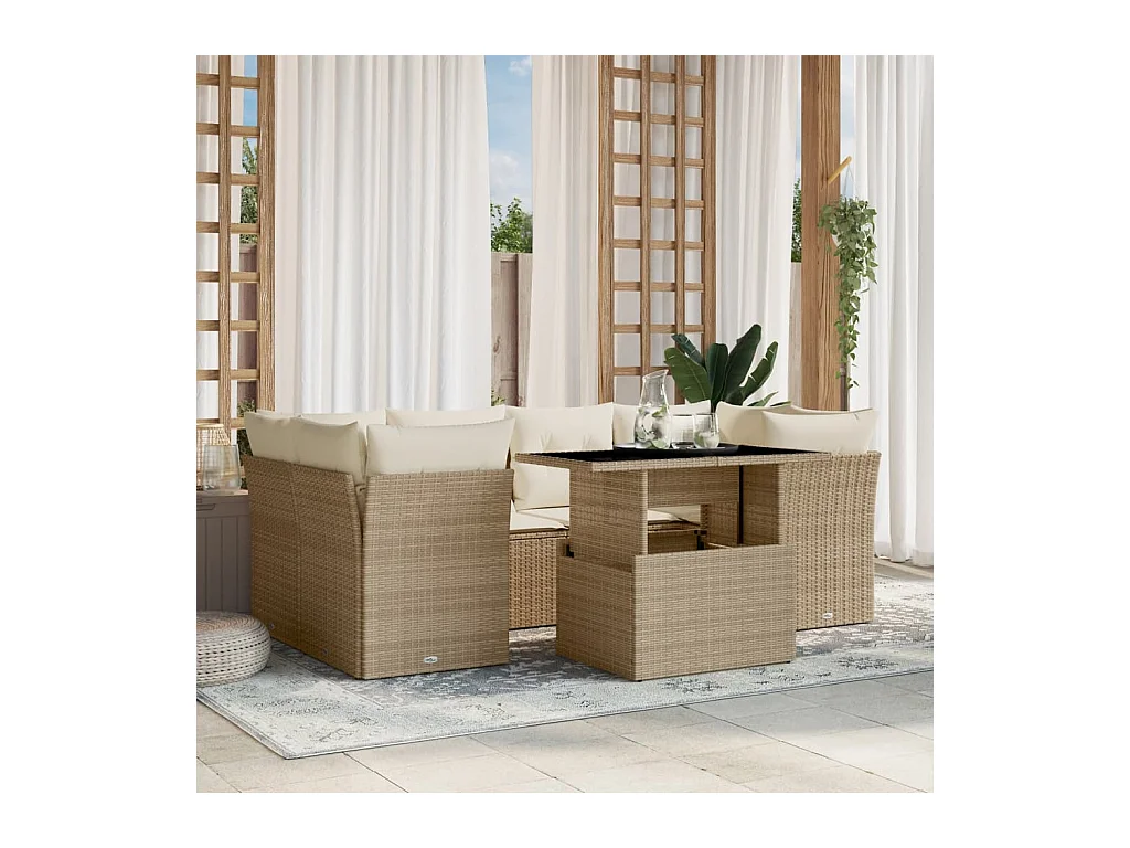 7-delige Loungeset met kussens poly rattan beige