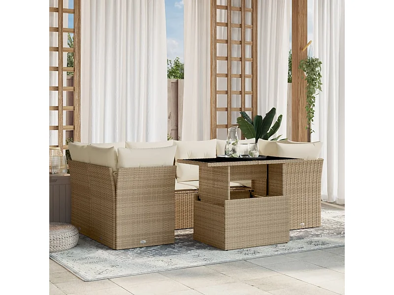 Set sofás de jardín 7 piezas y cojines ratán sintético beige